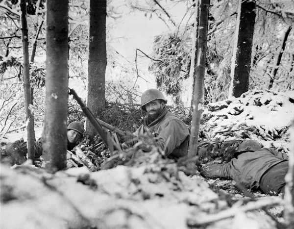 U.S. infantrymen hold post in Luxembourg snow  (Beginning 1945)