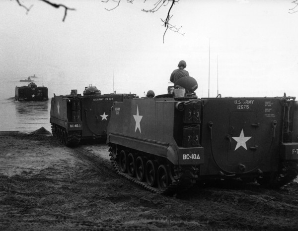 Amphibious crafts on mission at maneuver of the US Army in Berlin Grunewald