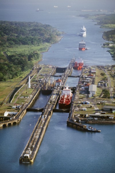 Ships passing through locks, Panama Canal, Panama