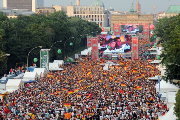 Soccer fans watch the UEFA EURO 2008 semi-final match Germany vs Turkey on the fan mile at