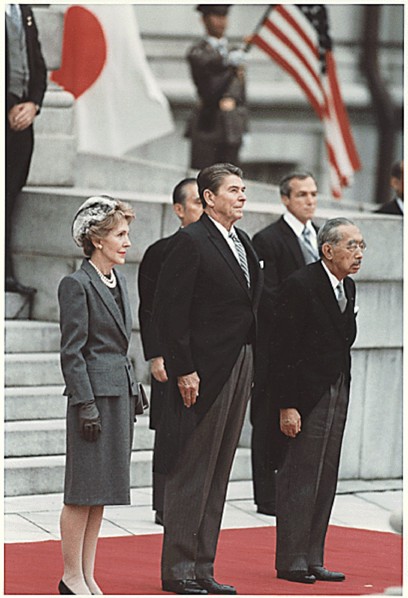 U.S. President Ronald Reagan and First Lady Nancy Reagan and Japanese Emperor Hirohito in Tokyo,