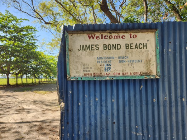 A sign on the entrance gate welcomes visitors to James Bond Beach in the northern Jamaican town.