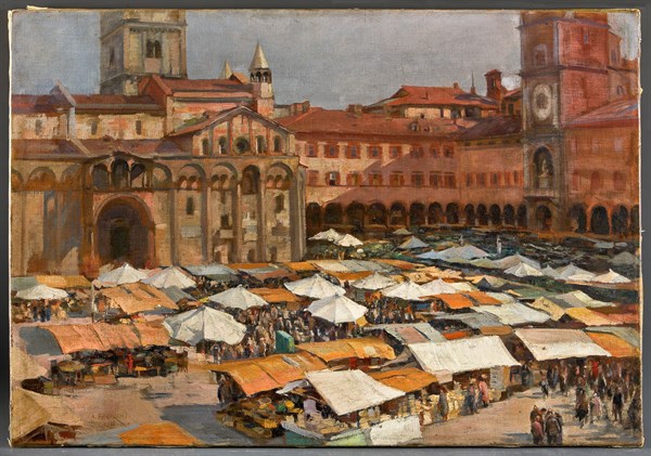 Augusto Baracchi (1878-1942), " Market in Piazza Grande in Modène"