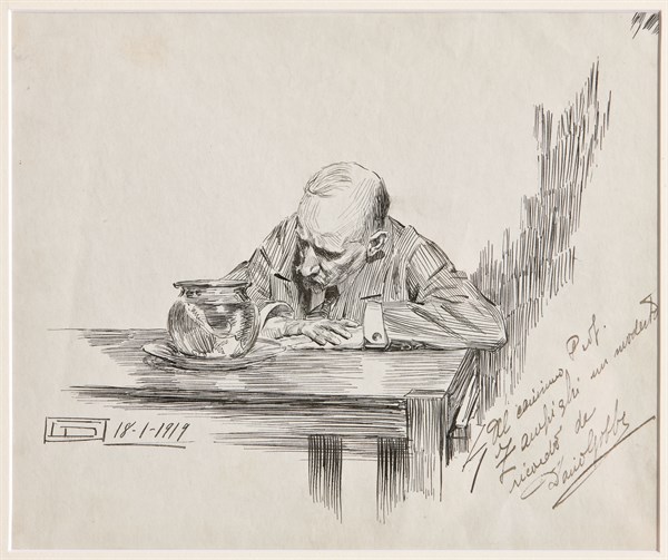 Dario Gobbi, "Man sitting at table and meditating"