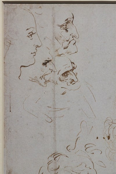 "Heads and Figure in Bust Length Views, one in three quarter length", by Leonardo da Vinci, pen and two different brown inks