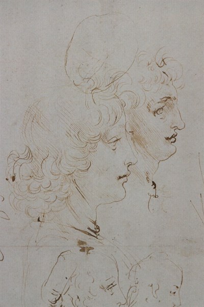 "Heads and Figure in Bust Length Views, one in three quarter length", by Leonardo da Vinci, pen and two different brown inks