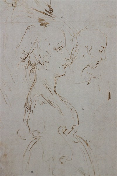 "Heads and Figure in Bust Length Views, one in three quarter length", by Leonardo da Vinci, pen and two different brown inks