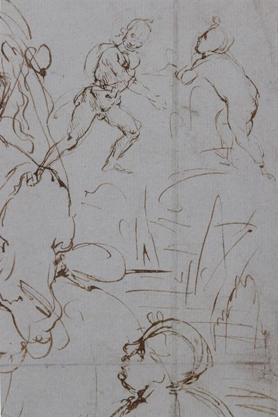 "Heads and Figure in Profile Views, The Virgin Mary nursing Infant Jesus in a Landscape and Infant St. John, a Lion Head and a Dragon" by Leonardo da Vinci