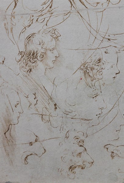 "Heads and Figure in Profile Views, The Virgin Mary nursing Infant Jesus in a Landscape and Infant St. John, a Lion Head and a Dragon" by Leonardo da Vinci