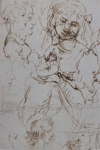 "Heads and Figure in Profile Views, The Virgin Mary nursing Infant Jesus in a Landscape and Infant St. John, a Lion Head and a Dragon" by Leonardo da Vinci