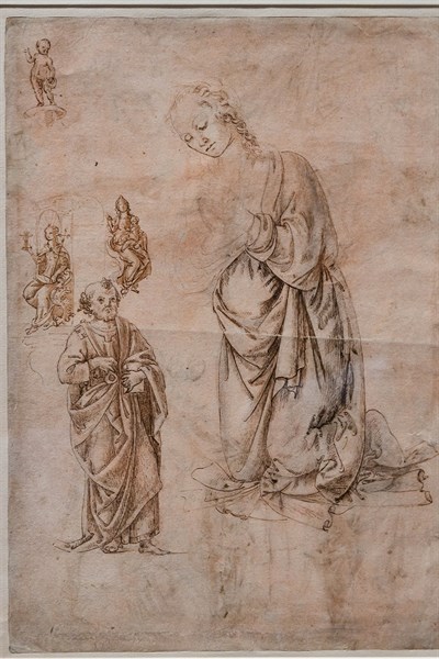 "Madonna in Adoration, St. Peter, Faith and Charity, Infant Jesus blessing on a Chalice", by Francesco di Simone Ferrucci