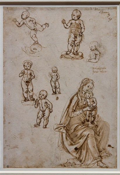 "Putto balanced on a dolphin head, four blessing and standing children, Sitting Madonna and Standing Child", by Francesco di Simone Ferrucci