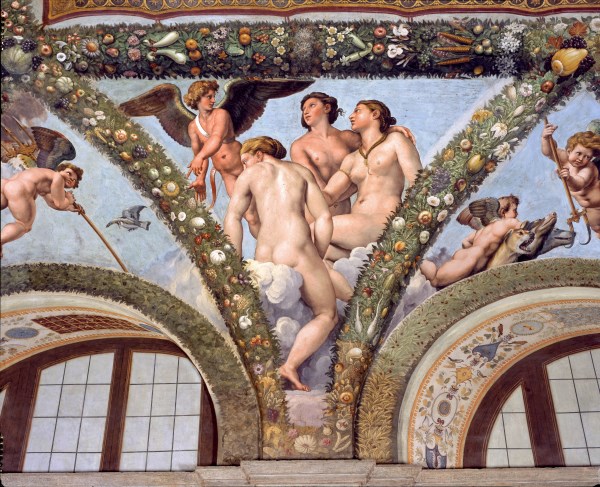 Rome, Villa Farnesina, Loggia of Cupid and Psyche: one vault pendentive representing Cupid and the Graces