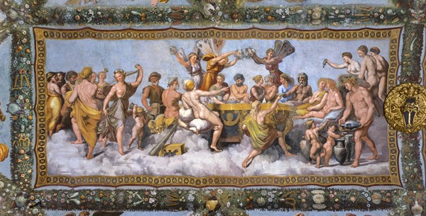 Rome, Villa Farnesina, Loggia of Cupid and Psyche: view of the vault with the Marriage of Cupid and Psyche, the symbolic culmination of the entire cycle