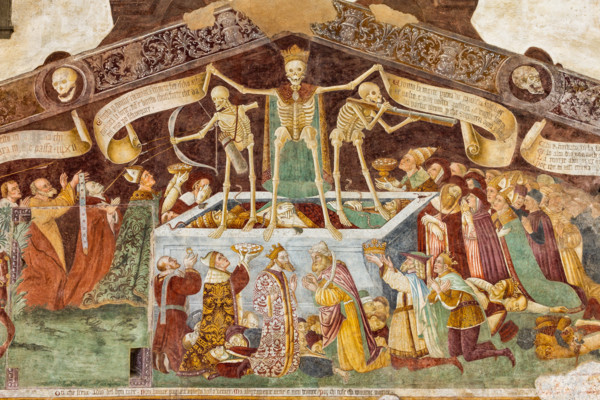 Clusone, Oratory of Disciplini or St. Bernardino, façade: frescoes with the Triumph of Death on