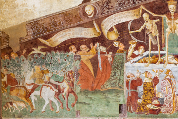 Clusone, Oratory of Disciplini or St. Bernardino, façade: frescoes with the Triumph of Death on