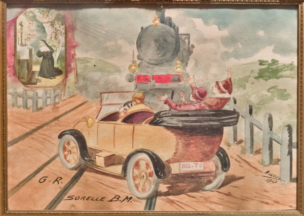 Bergamo, Museo Bernareggi: ex-voto novecentesco con scena di incidente tra auto e treno