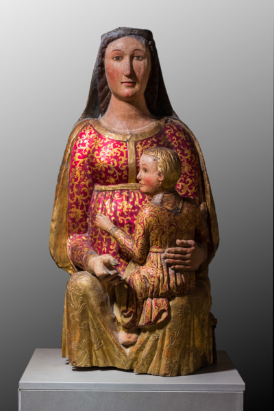 Bergamo, Bernareggi Museum; Madonna with Infant Jesus, statue in carved, painted and golden wood,