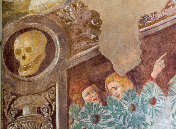 Clusone, Oratory of Disciplini or St. Bernardino, façade: frescoes with the Triumph of Death on