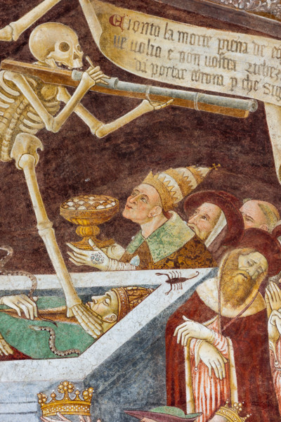 Clusone, Oratory of Disciplini or St. Bernardino, façade: frescoes with the Triumph of Death on