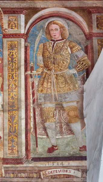 Clusone, Chiesa di San Defendente, affreschi sotto la lunetta del portale: San Defendente.

[ENG]