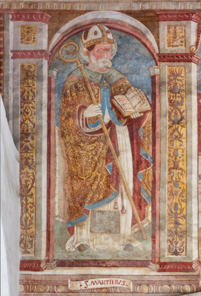 Clusone, Chiesa di San Defendente, affreschi sotto la lunetta del portale: San Martino.

[ENG]