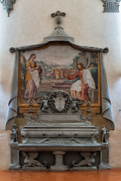 “The Samaritan woman at the well”, fresco by Cosimo Gamberucci, 1620 and “sandstone sink“ by