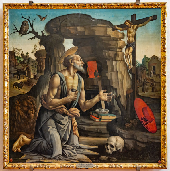 “Saint Jerome penitent in the desert”, by Bartolomeo di Giovanni, tempera on panel, 1485-90