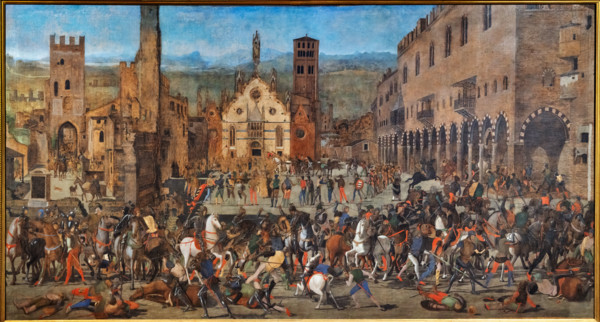 “La cacciata dei Bonacolsi”, di Domenico Morone, tempera grassa su tela, 1494.

Il quadro fu