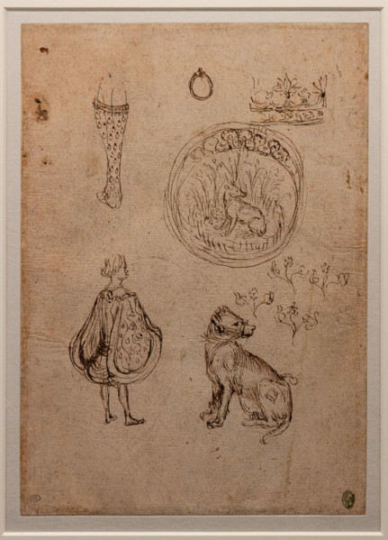“Studi vari: gamba, anello, corona, uomo in abiti contemporanei, emblema con cane e fiori”, di