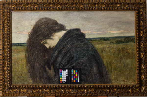 “Studio di testa - motivo elegiacvo” di Cesare Laurenti (FE 1854 - 1936).
Olio su cartone, cm. 57