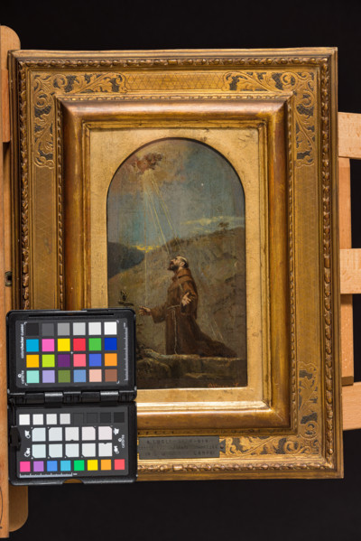 “ Bozzetto pala d’altare S. Niccolò” di Albano Lugli (1834 - 1914).
Olio su tavola,  cm. 25,5 x