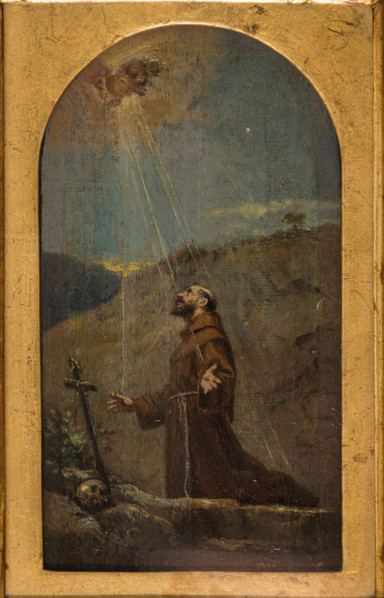 “ Bozzetto pala d’altare S. Niccolò” di Albano Lugli (1834 - 1914).
Olio su tavola,  cm. 25,5 x