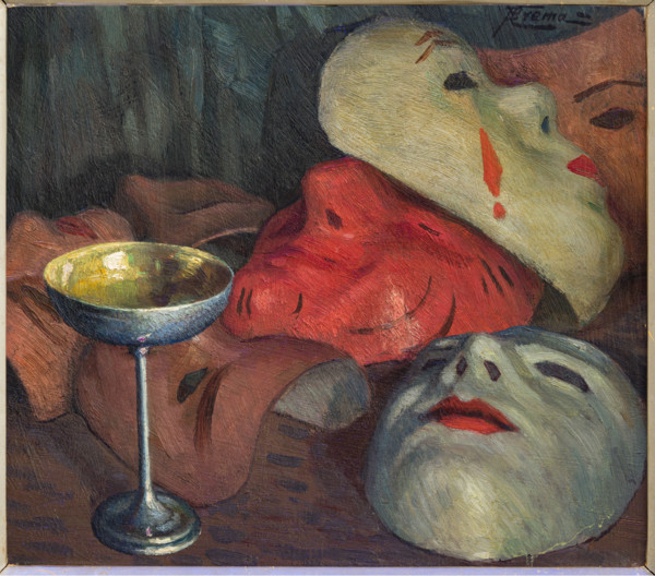 “Natura morta con maschere e calice, di Giovanni Battista Crema (FE 1883 - 1964).
Olio su