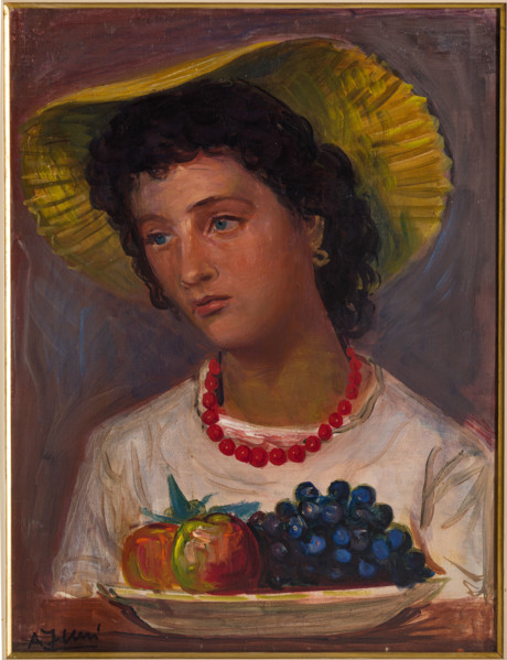 “Busto di ragazza con collana e cappello di paglia” di Achille Funi (FE 1890 - 1972).
Olio su
