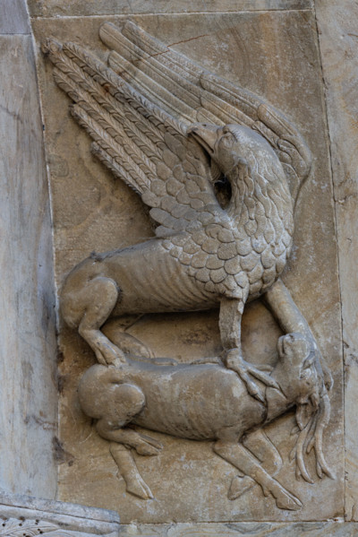 Fidenza, duomo (St. Donnino Cathedral), façade, the prothyrum of the right portal: “a griffin