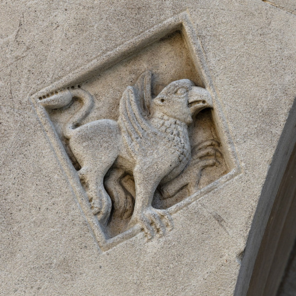 Fidenza, Duomo (St. Donnino Cathedral),facade, left portal, prothyrum, series of lozenges with