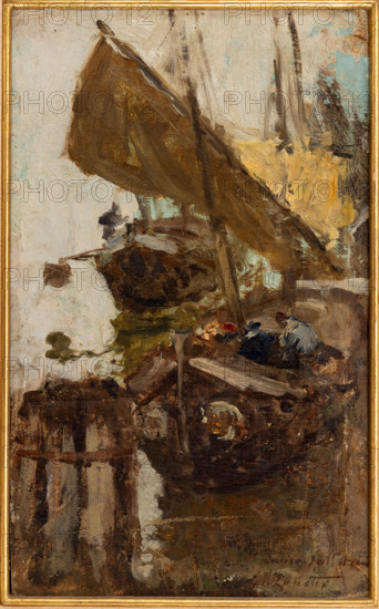 Collezione Assicoop Unipol, inv. n°  902: 
Giuseppe Miti Zanetti (1859-1929); “Al porto”, olio su