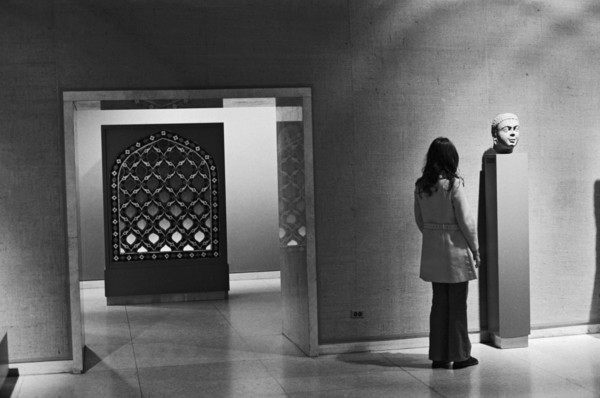 Woman Viewing Artwork in Museum, Chicago, Illinois, USA