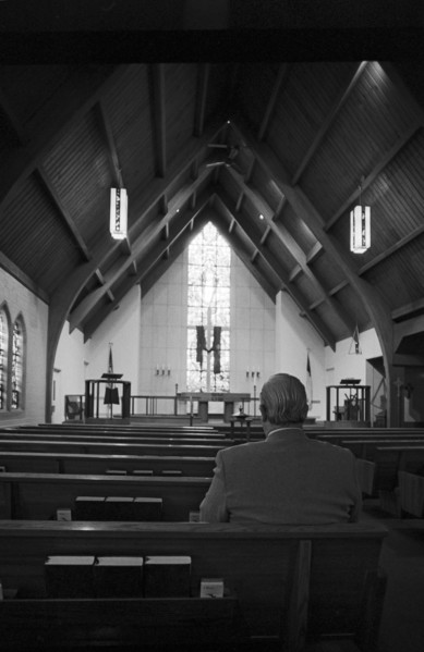 Man Sitting Alone in Church, Rear View