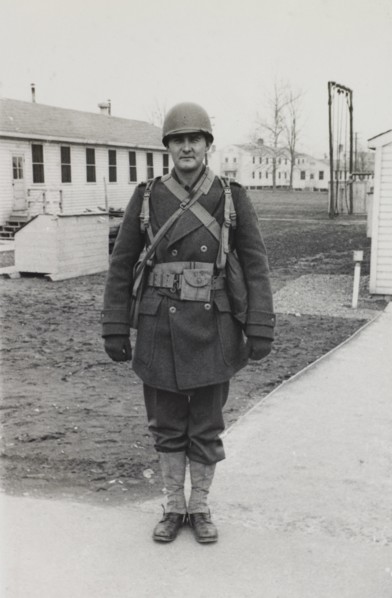 Military Soldier, Outdoor Portrait, WWII, HQ 2nd Battalion, 389th Infantry, US Army Military Base, Indiana, USA, 1942