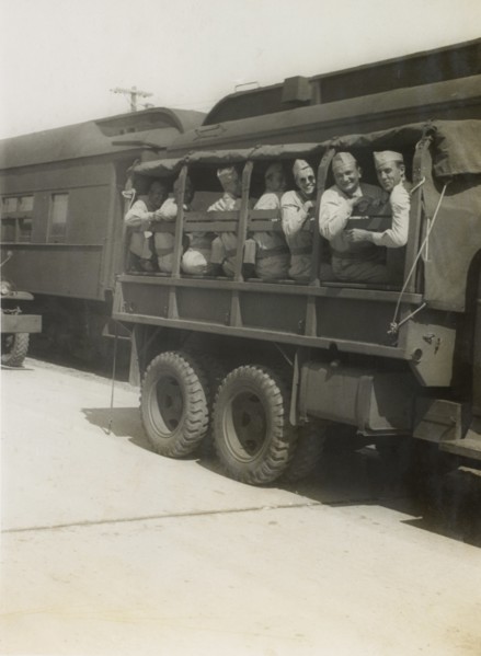 Group of Soldiers on Truck, Awaiting Departure for East Coast USA with Eventual Departure by Ship to Europe, WWII, 2nd Battalion, 389th Infantry, US Army Military Base, Indiana, USA, 1942