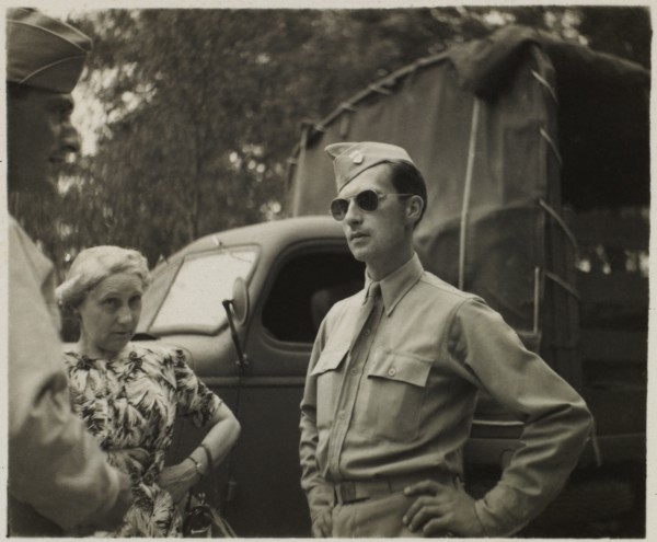 Soldier in Uniform and Aviator Sunglasses with Another Soldier and Civilian Woman, Portrait, WWII, HQ 2nd Battalion, 389th Infantry, US Army Military Base, Indiana, USA, 1942