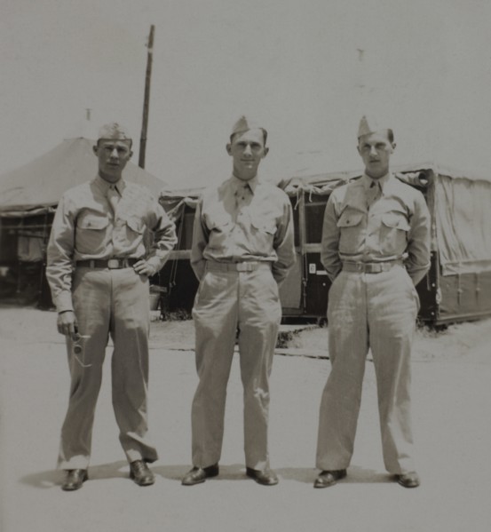 Three Soldiers in Uniform, Portrait, WWII, 325th Infantry, US Army Military Base, Camp Claiborne, Louisiana, USA, 1942