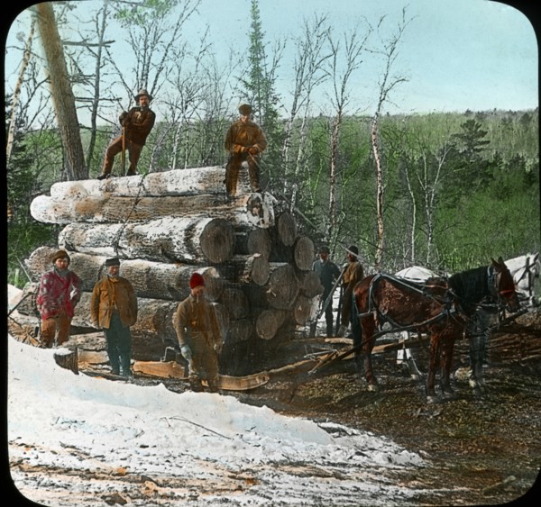 Workers with Load of Logs, Kettle River Landing, Minnesota, USA, Magic Lantern Slide, circa 1915