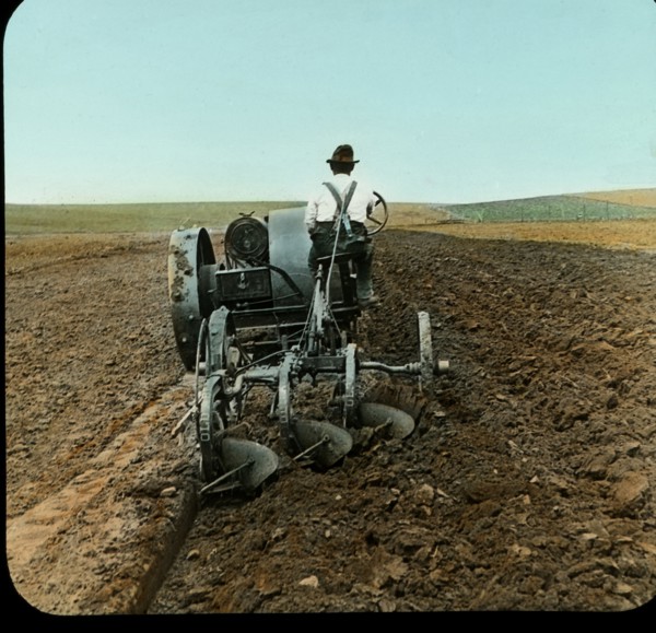 Plowing Prairie Soil with Tractor, South Dakota, USA, Magic Lantern Slide, circa 1910