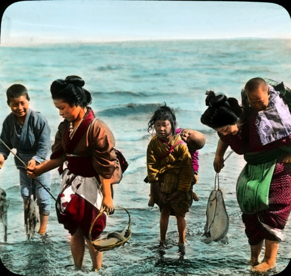 Mothers and Children Fishing, Japan, Magic Lantern Slide, circa 1910