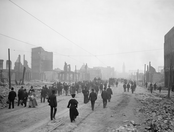 Large Group of People Walking Along Ruins of Market Street toward Ferry after Earthquake, San Francisco, California, USA, Detroit Publishing Company, 1906