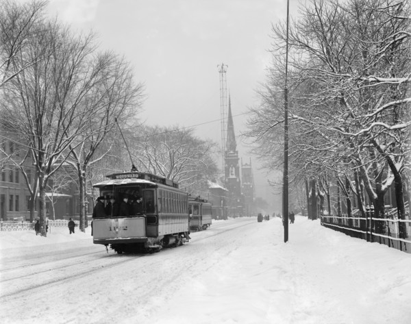 Trolley on Woodward Avenue in Winter, Detroit, Michigan, USA, Detroit Publishing Company, 1905