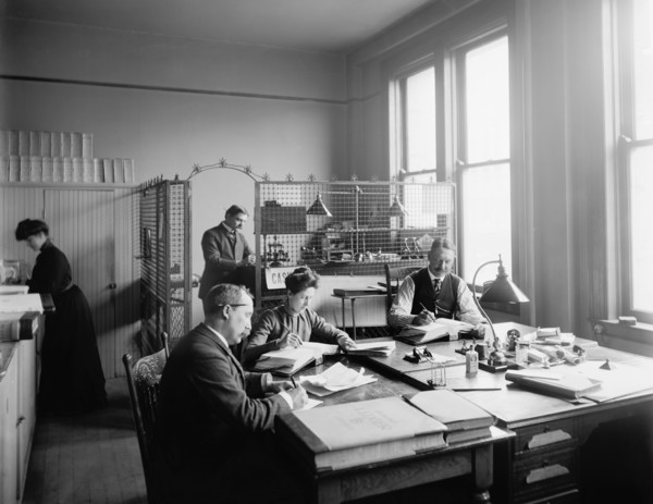 Workers and Cashier Cage, Richmond & Backus Company Print Shop, Detroit, Michigan, USA, Detroit Publishing Company, 1902
